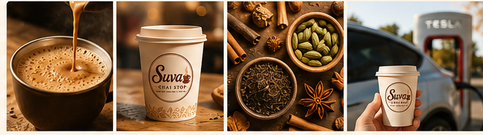 Fresh chai being poured, a Suva takeaway cup, warming spices, and chai on the go